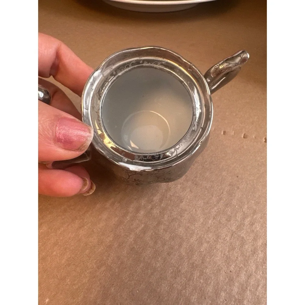 Vintage Bavaria Sugar Bowl Platinum Overlay Floral Silver Rim Chip⁠